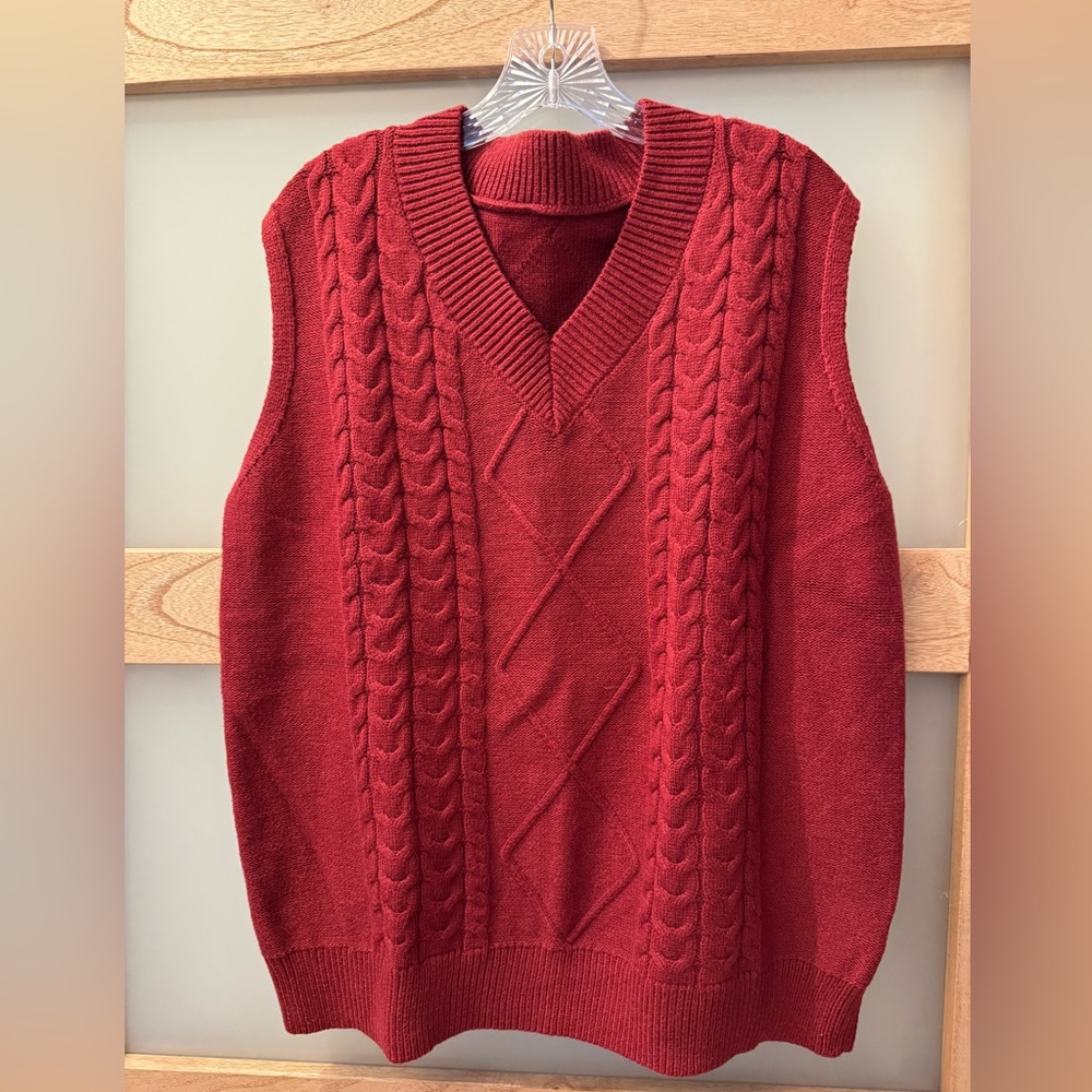 Women's V-Neck Cable Knit Sweater Vest - Rich Red